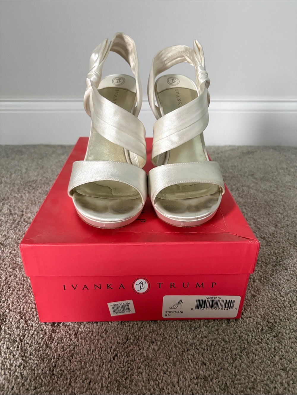 Ivanka Trump Ivory Satin Crisscross Ankle Tie Heels